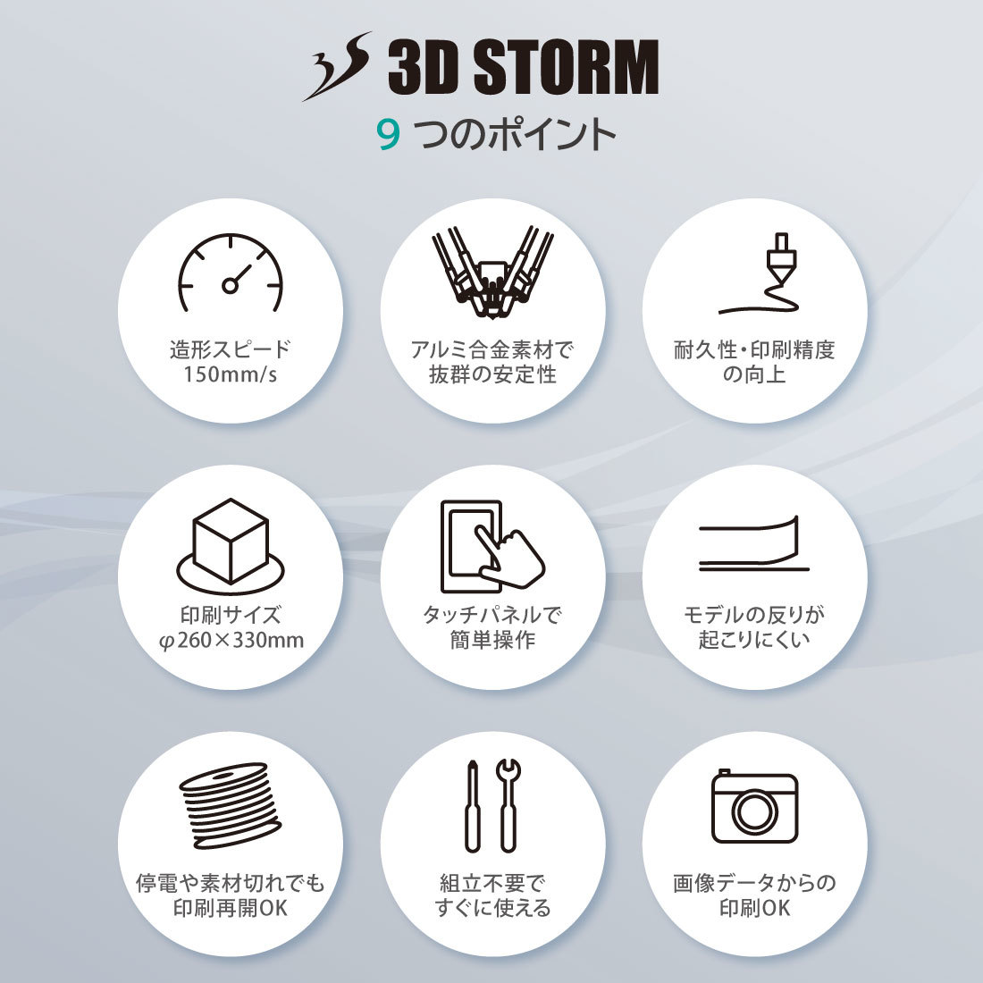3D printer small size auto level ring function installing operation simple construction ending PLA filament material 3D STORM PLA TPU PETG WOOD ABS Japanese instructions attaching 