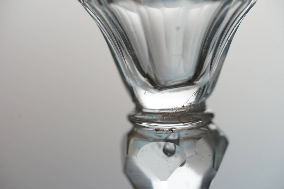 古い手吹きガラスのカット面取りステムグラス / 18-19世紀・フランス / 硝子 アンティーク 古道具 _画像4