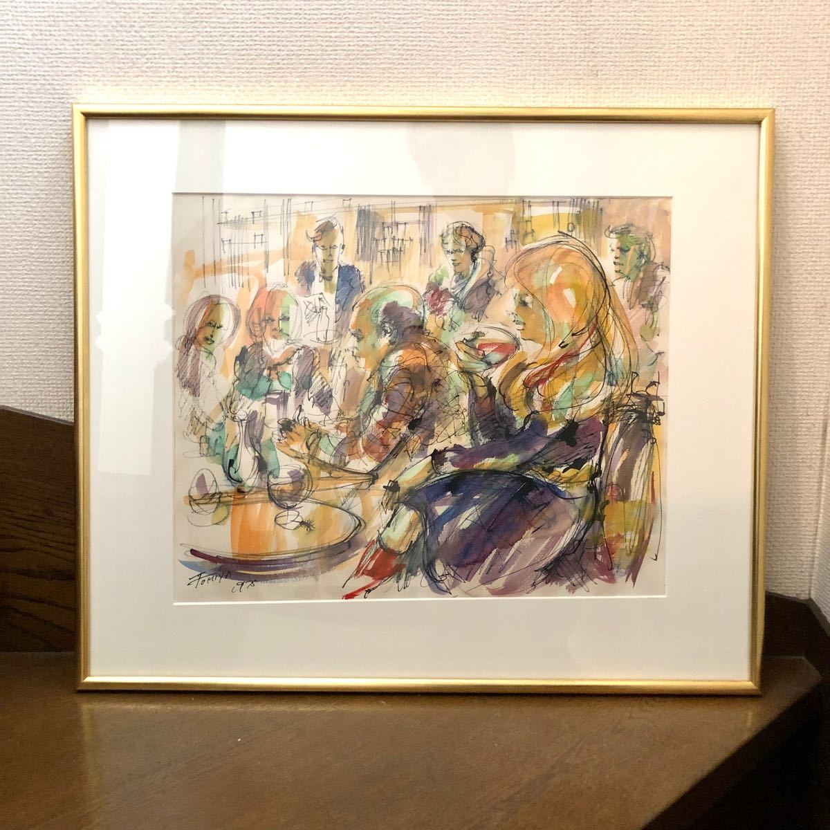 【値下げ】放浪の画家 頓宮隆輔 水彩額　パリのカフェ