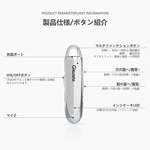Glazata Bluetooth 日本語音声ヘッドセット V4.1 片耳 高音質 ，超大容量バッテリー、長持ちイヤホン、30時_画像9
