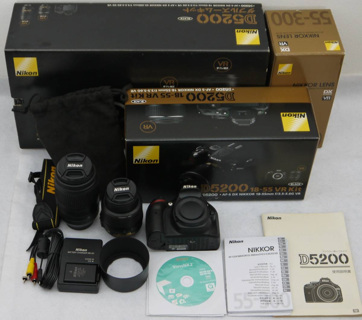 1円スタート Nikon D5200 ダブルズームキット ブラック デジタルカメラ 一眼レフカメラ　18-55mm 55-300mm レンズ 中古品