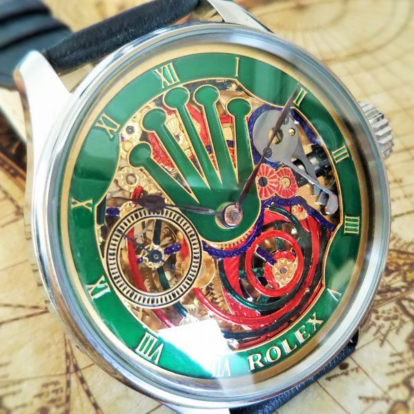 ★ROLEXロレックス スケルトン 緑グリーン 手巻きアンティーク腕時計 メンズウォッチ