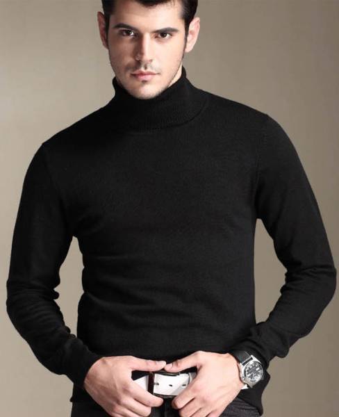 ★冬暖か着心地の良い紳士用カシミヤ・タートルネックセーター XL 黒★_画像1