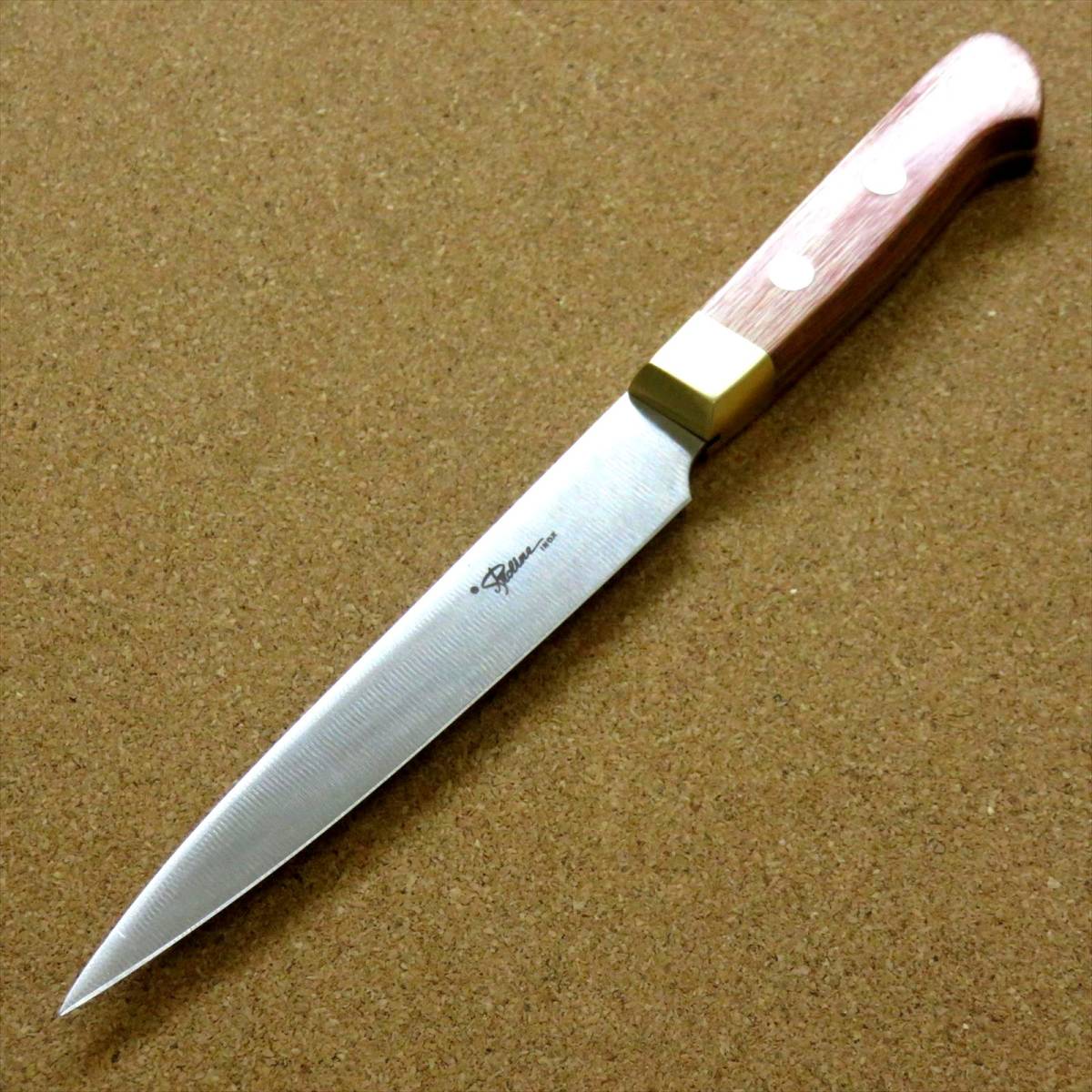 関の刃物 ペティナイフ 12cm (120mm) 8Aステンレス 真鍮口金付き 赤合板 果物包丁 野菜 皮むき 小型両刃ナイフ 日本製 在庫処分品