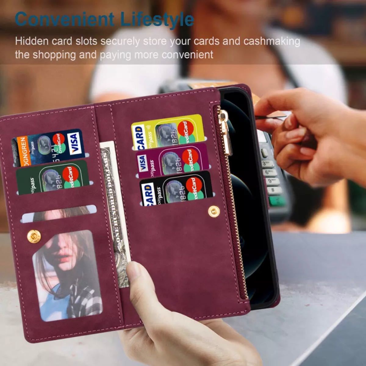 赤　iPhone 13promaxケース　レザー　カード入れ　財布　手帳型