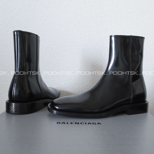 　バレンシアガBALENCIAGA 2019SSデムナNEW PATINATED CALFSKINスクエアトゥ シャイニー カーフ レザー ジップ アンクル ショート ブーツ35_画像1