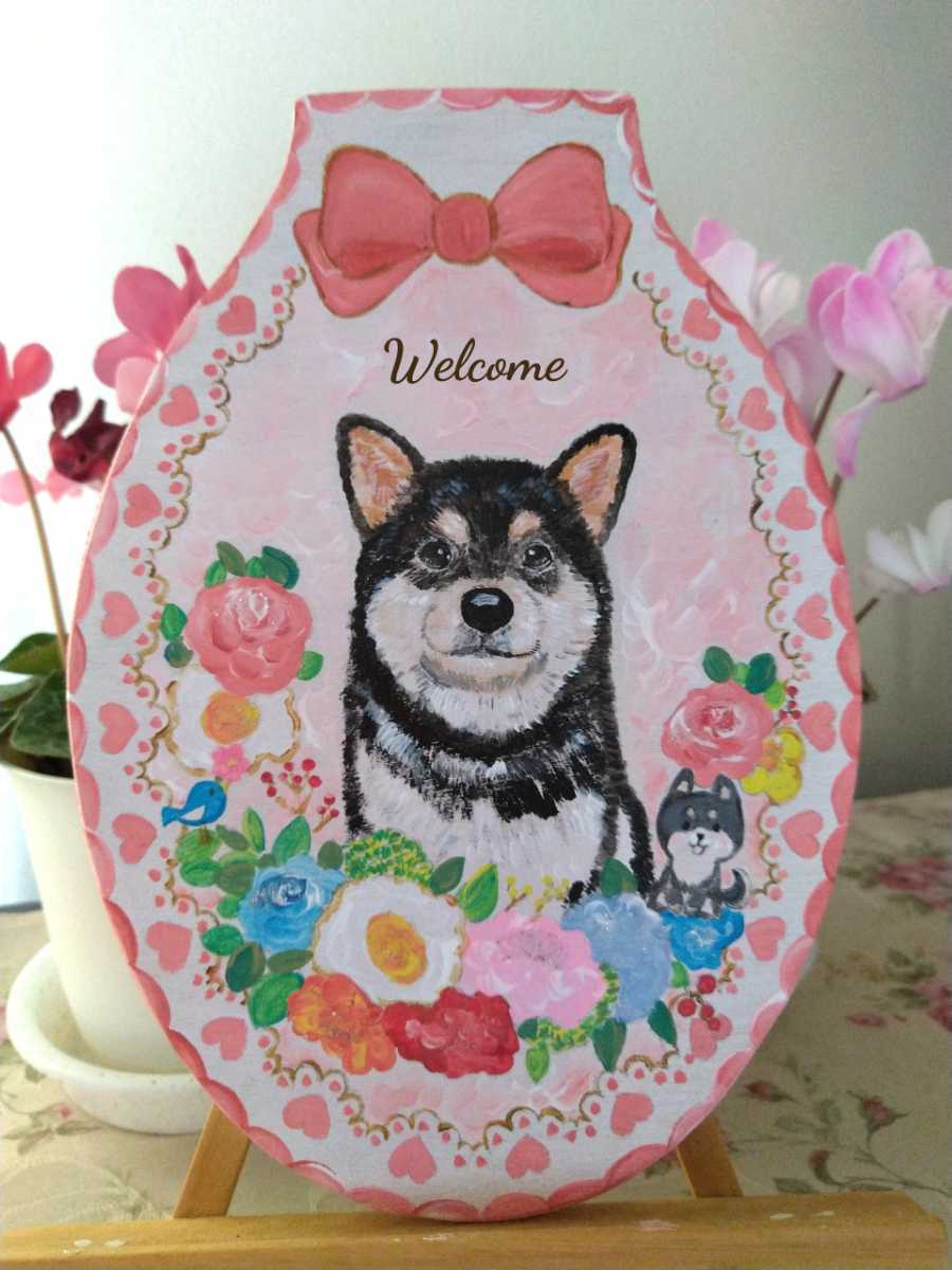 黒柴犬 豆柴 ローズ色花リース 犬ペット似顔絵☆トールペイントハンドメイド 表札プレゼント遺影にも うちの子オーダー 文字入れ無料！