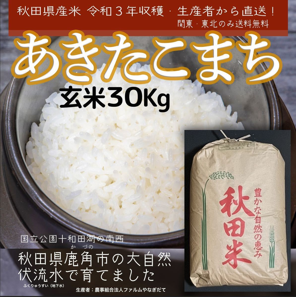 ◆期間特価★玄米30kg◆大自然の伏流水でできた100%あきたこまち　令和3年産新米★送料無料！秋田県産農家直送_画像1