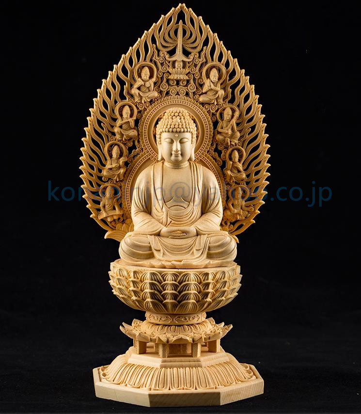 最高級 総檜材 仏教工芸品 木彫仏教 精密彫刻 阿弥陀如来座像 高さ28cm