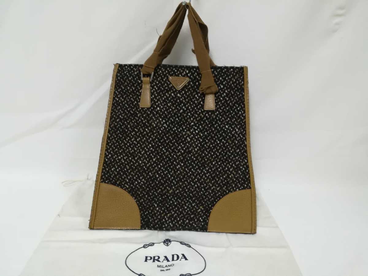 美品 PRADA プラダ ハンドバッグ ブラック ベージュ 三角ロゴ ウール