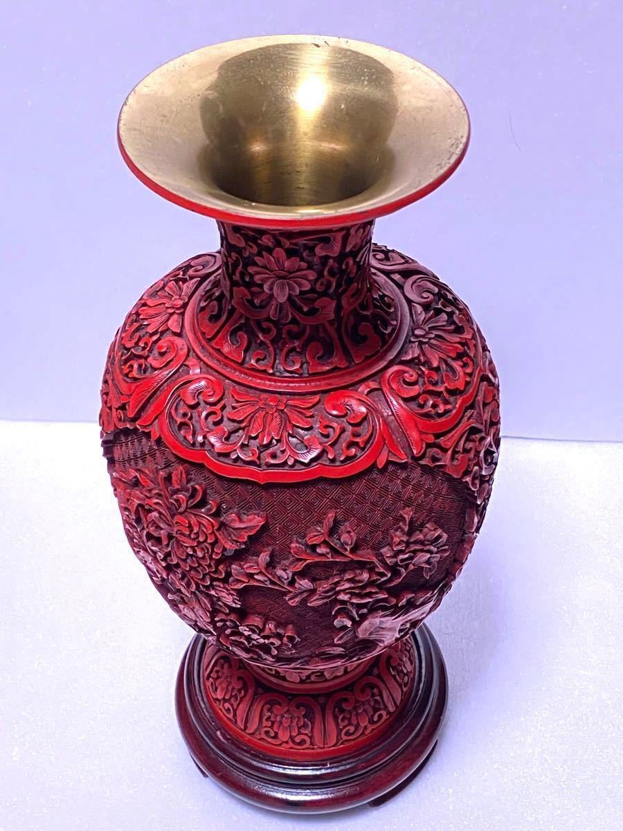 中国骨董　中国美術　朱色　紅色　花瓶　花器　壺　台座付　アンティーク