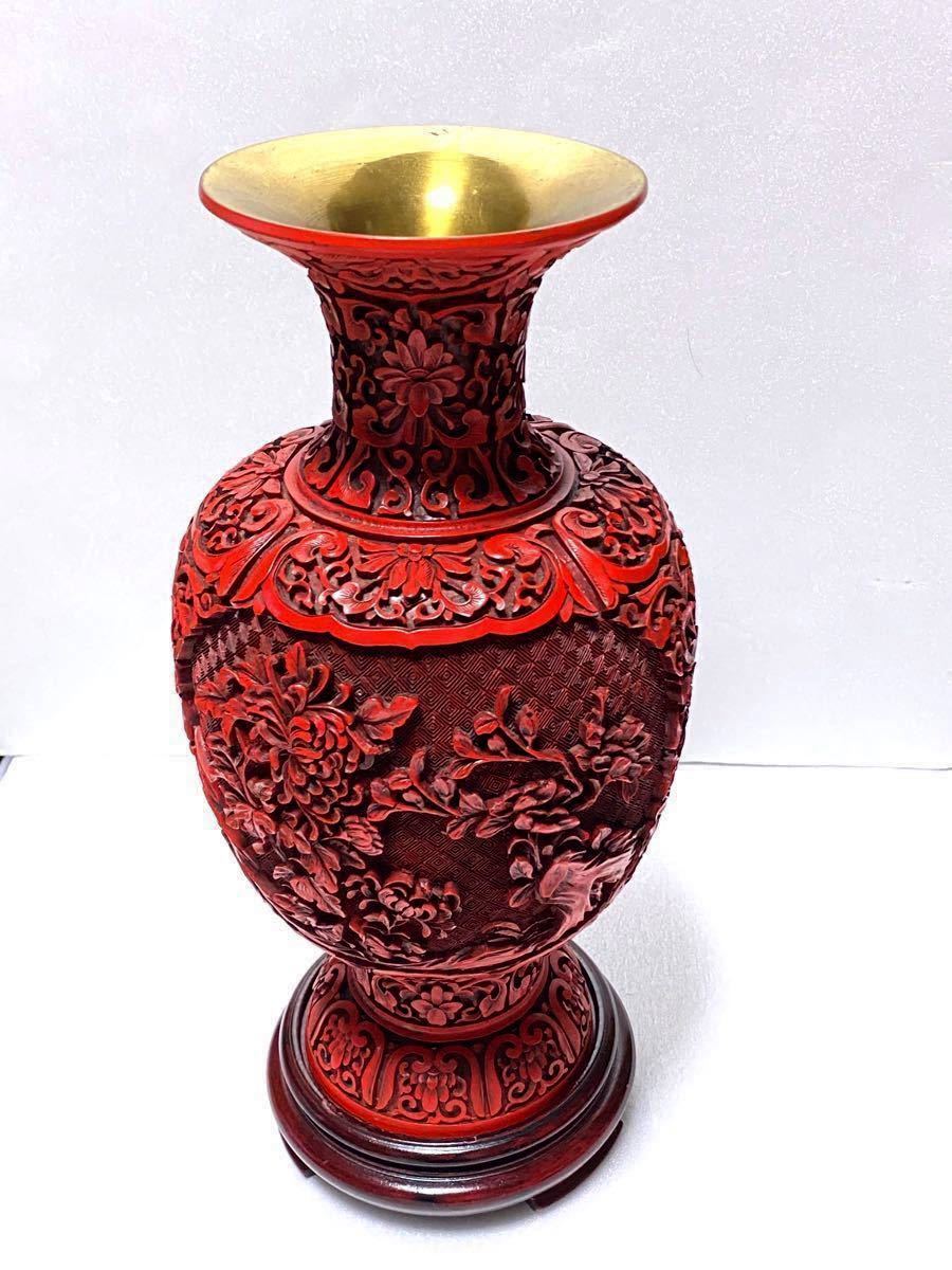 中国骨董　中国美術　朱色　紅色　花瓶　花器　壺　台座付　アンティーク