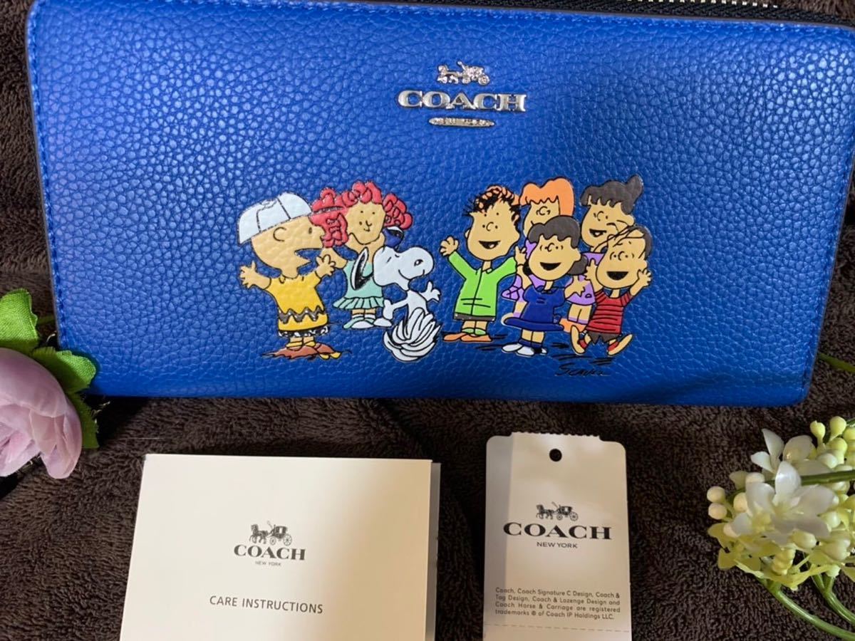 COACH コーチ長財布 スヌーピー ブルー ストラップ付き 長財布