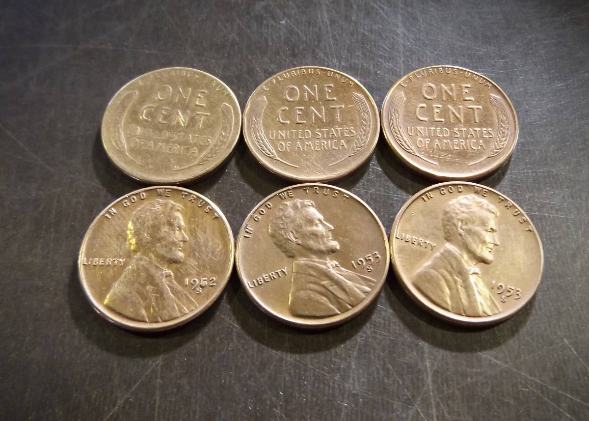  小麦1セントコイン 1950年～1959年6枚セット S刻印 送料無料 （13216）リンカーン 貨幣 硬貨 ペニー 北アメリカ古銭 USA_画像1