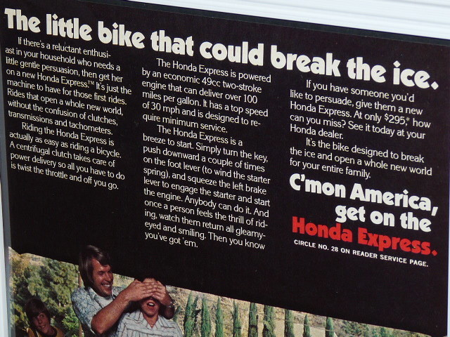 1977年 USA 70s vintage 洋書雑誌広告 額装品 Honda Express ホンダ ロードパル / 検索用 店舗 ガレージ 看板 ディスプレイ 装飾 (A4size)の画像2
