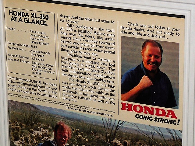 1977年 USA vintage 洋書雑誌広告 額装品 Honda XL350 ホンダ // 検索用 Bill-Bell 店舗 ガレージ 看板 ディスプレイ 装飾 サイン (A4size)_画像2