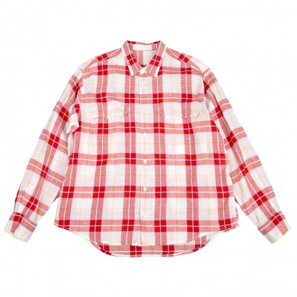 【格安saleスタート】 パパスPapas 【メンズ】 白赤M リネンコットンフラップポケットチェックシャツ パパス