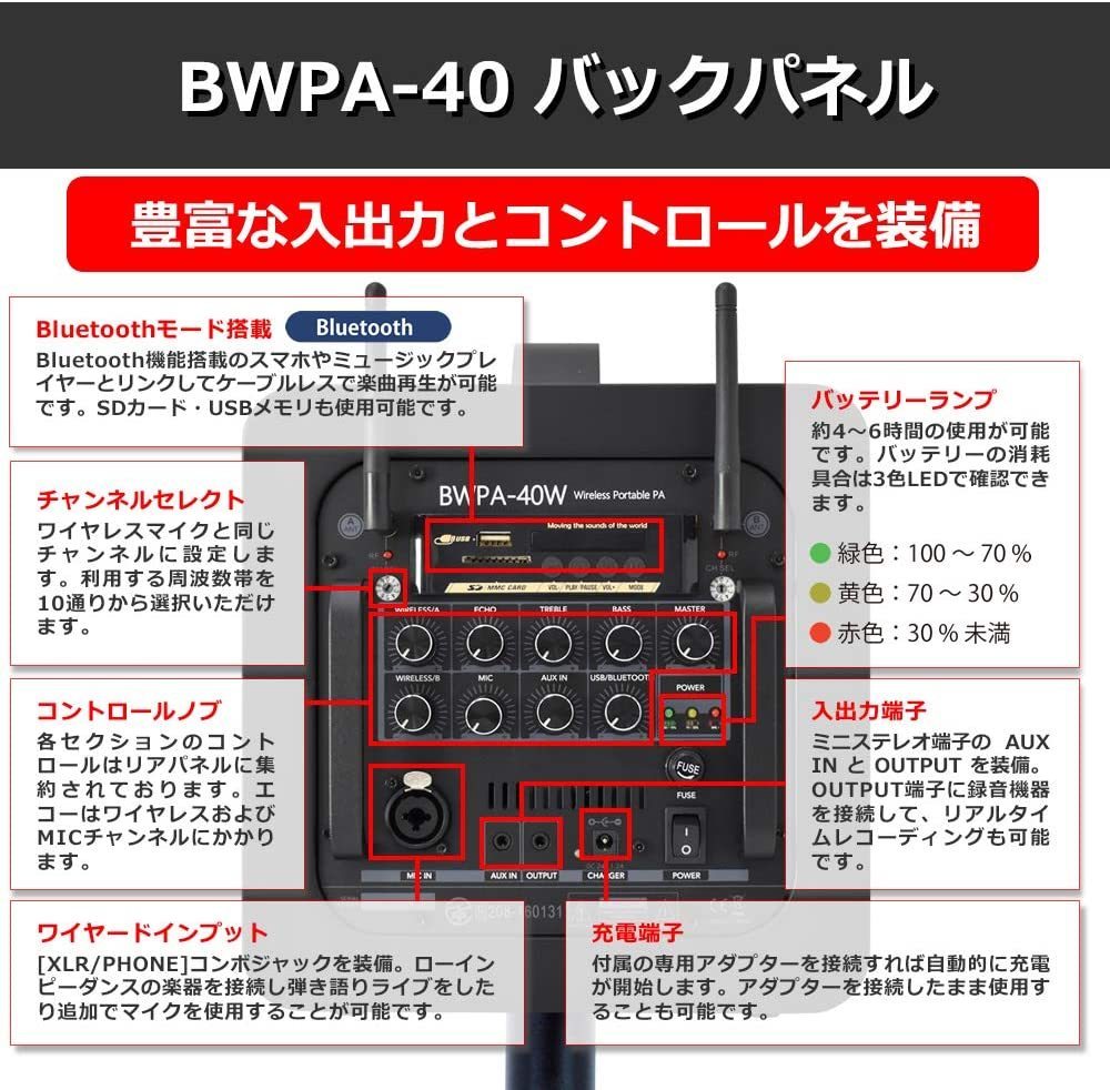 Belcat BWPA-40W ワイヤレスポータブルPAセット チャンネル切替対応 ワイヤレスマイク2本/スピーカースタンド/キャリングケース付属_画像7