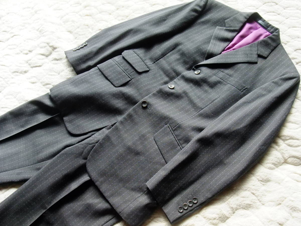 DORMEUIL　ドーメル　オーダースーツ　グレー ピンストライプ　毛100％　ジャケット+パンツ(ダブル裾） Mサイズくらい　灰色_画像1