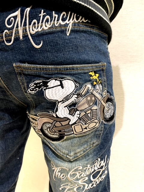 PEANUTS フラッグスタッフ スヌーピー モーターサイクル デニムパンツ
