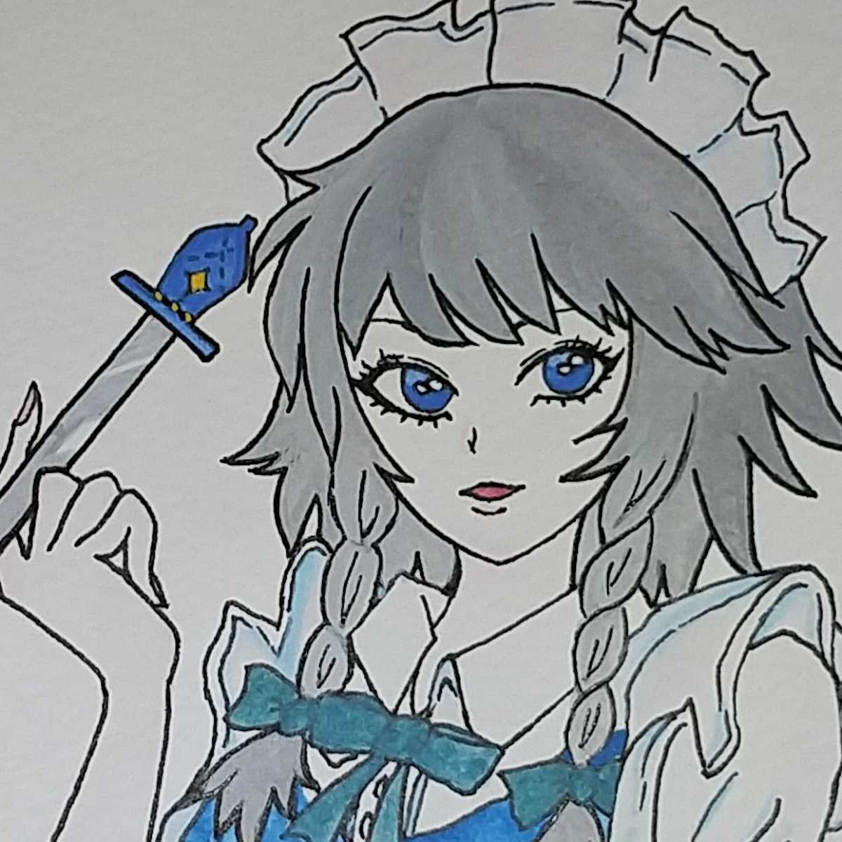 ★☆東方project 十六夜咲夜 いざよいさくや☆★同人手描きイラスト ハガキ ポストカード_画像1