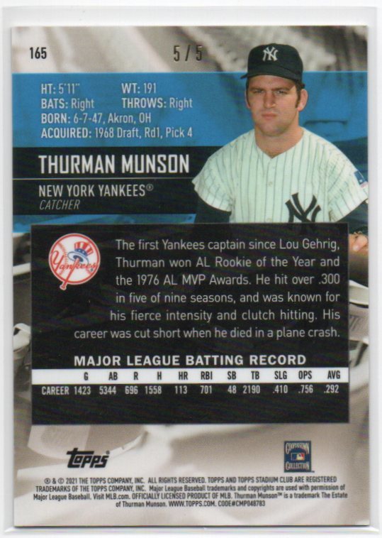 2021 Topps Stadium Club Chrome[THURMAN MUNSON]Red Refractor(レッドリフラクター)5枚限定カード NEW YORK YANKEES/ヤンキース_画像4