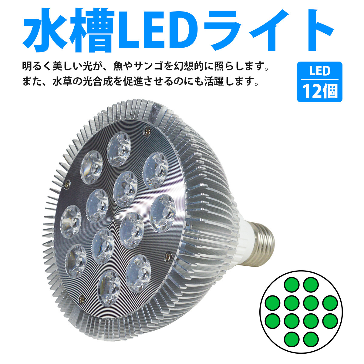 LED 電球 スポットライト 24W(2W×12)シアン12灯 水槽 照明 E26 LEDスポットライト 電気 水草 サンゴ 熱帯魚 観賞魚 植物育成_laqua-b-010-sv-01-a