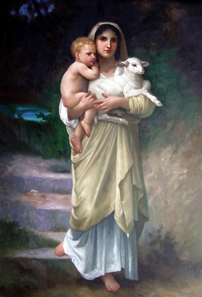 プレゼントを選ぼう！ 特価油絵 ウィリアム・ブーグローの名作「子羊」 MA590 人物画