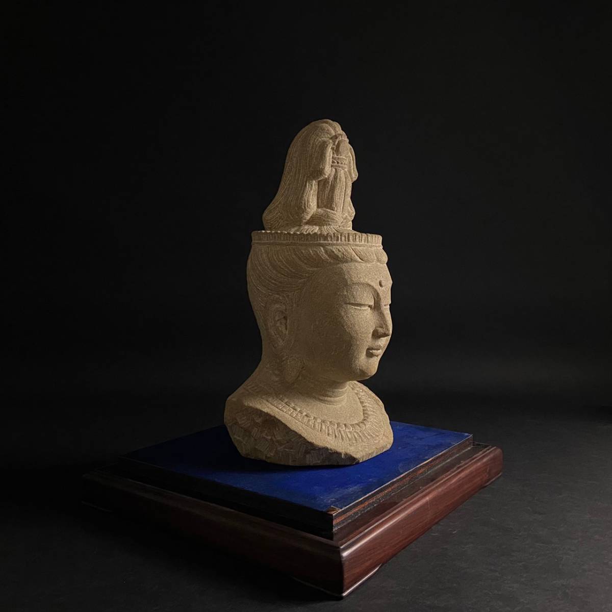 格安販売中 中国 大理石彫刻 仏像 仏頭 唐木台付 C R639 - 美術品 