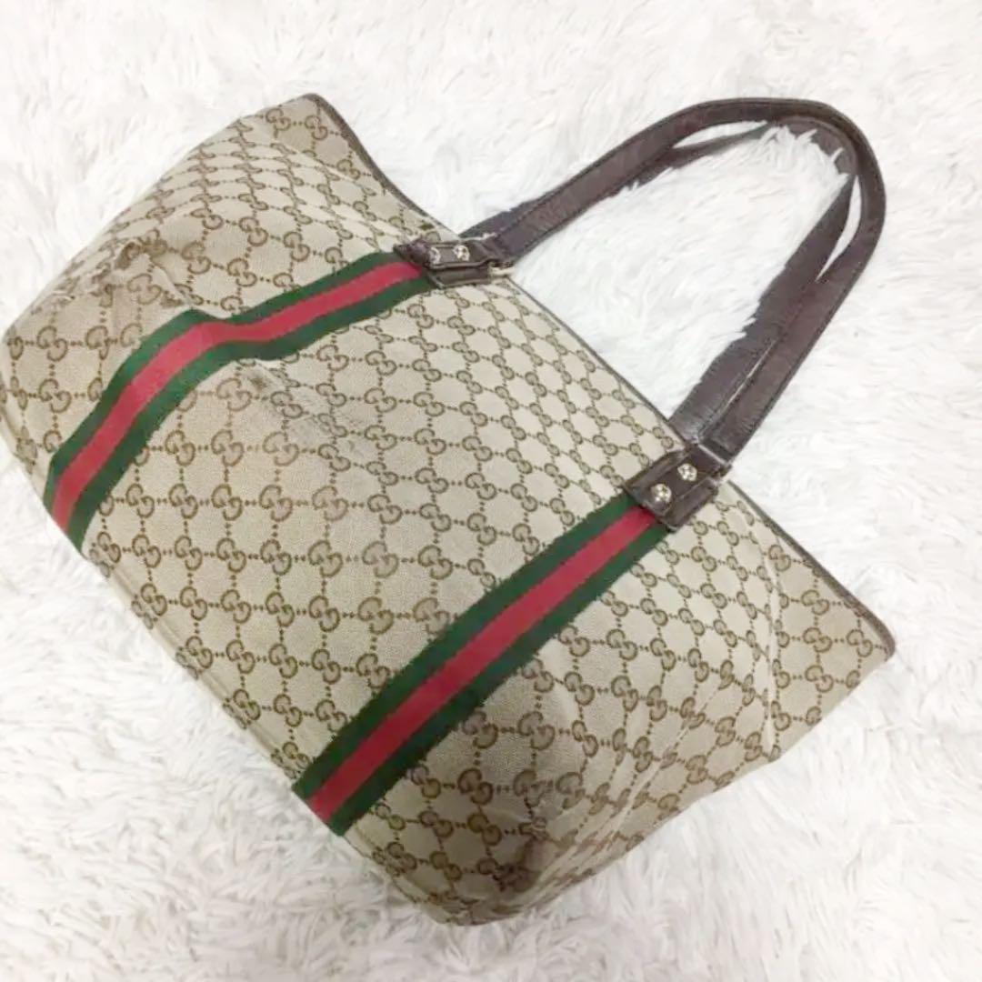 1円～美品 GUCCI グッチ トートバッグ ショルダーバッグ ハンドバッグ バック シェリーライン GG柄 肩がけ 総柄 ブランドロゴ ナイロン_画像5