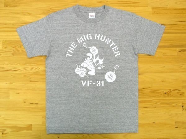 THE MIG HUNTER 杢グレー 5.6oz 半袖Tシャツ 白 M ミリタリー トムキャット VFA-31 U.S. NAVY VF-31_杢グレー（白色プリント）