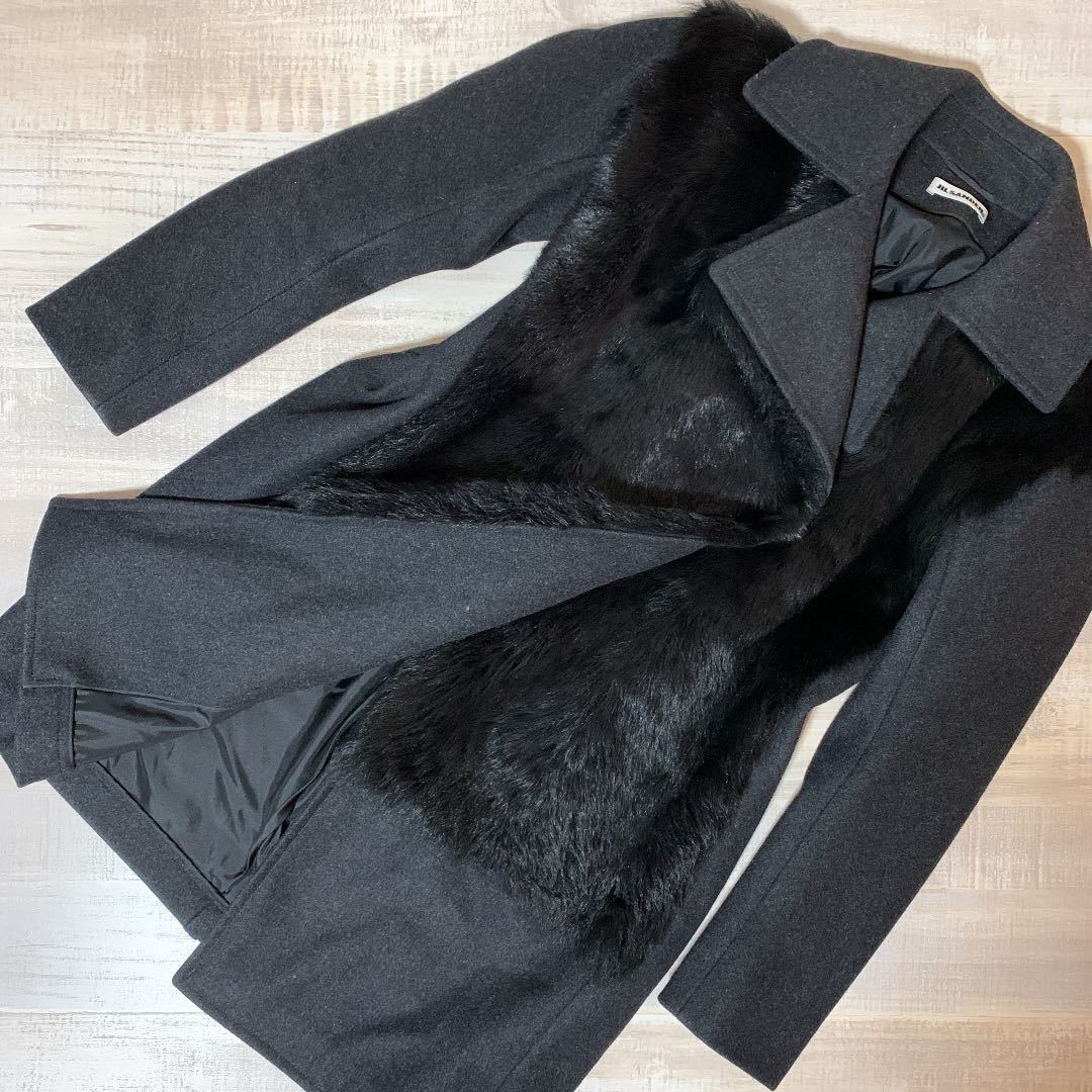 【定価約30万 超豪華 美品】JIL SANDER ファー ウール コート ダークグレー ジルサンダー ジャケット サイズ36 レディース ヴィンテージ
