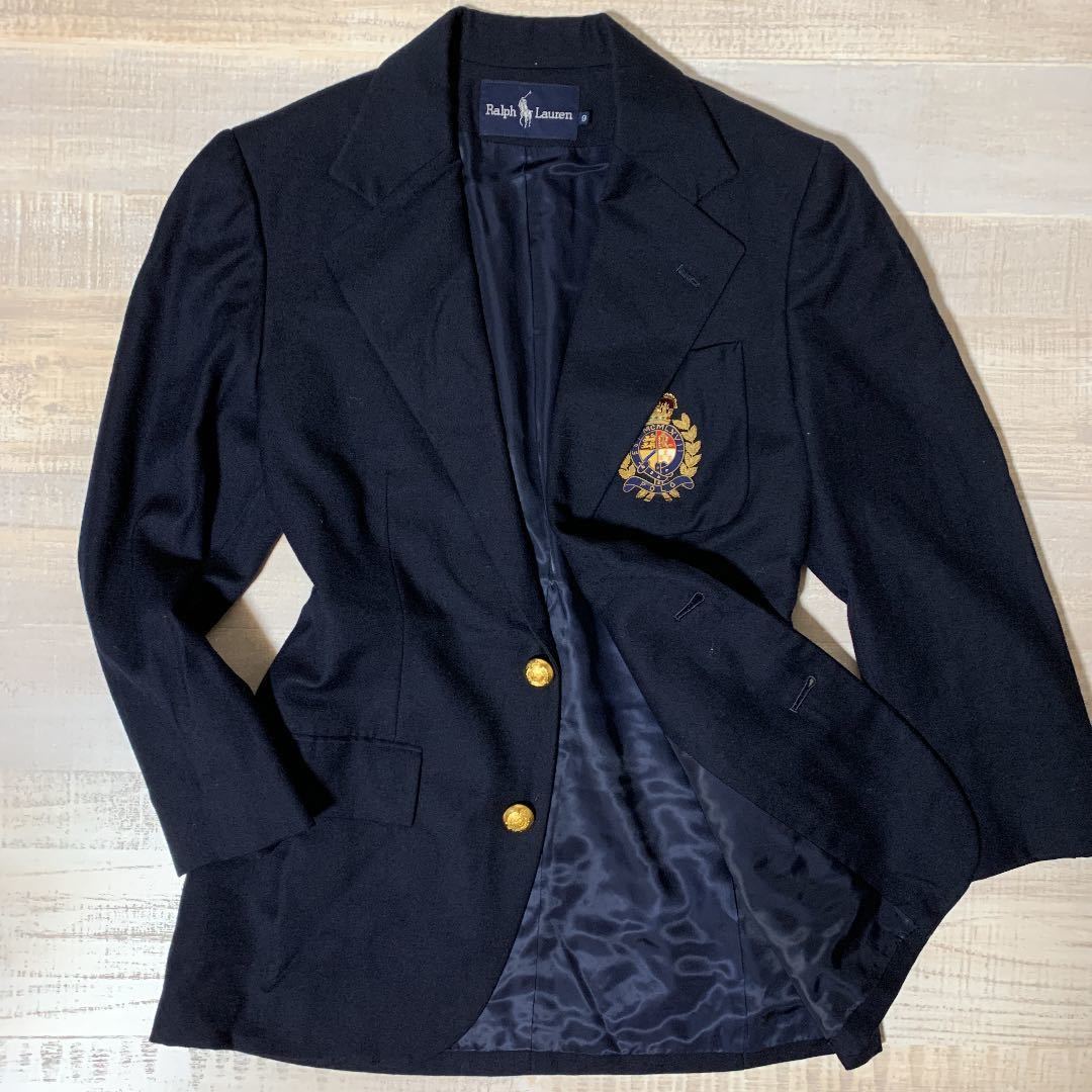 【エンブレム付 金ボタン 美品】80s 90s POLO RALPH LAUREN 紺 ブレザー テーラード ジャケット ポロ ラルフローレン メンズ  ビンテージ