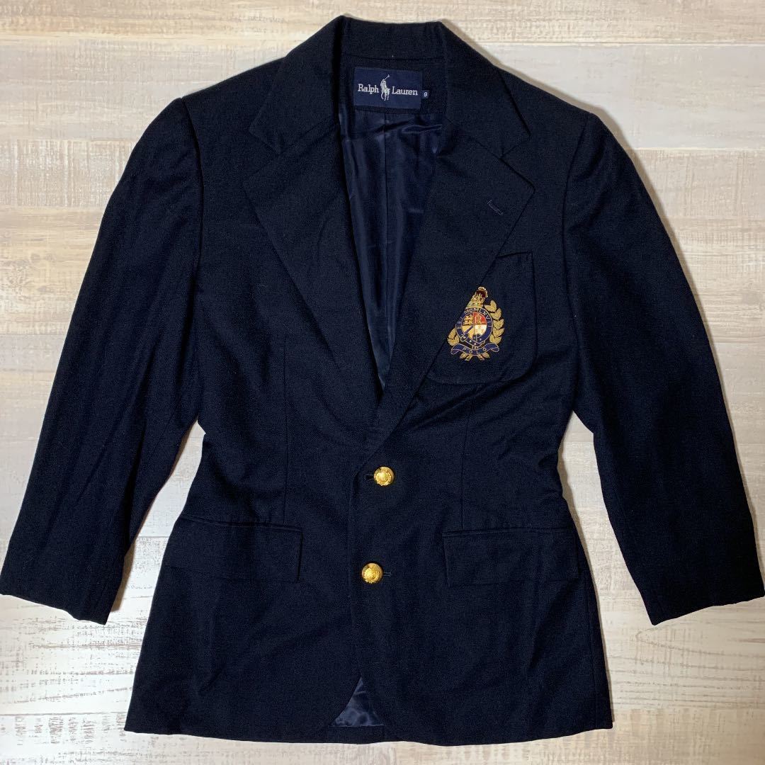 【エンブレム付 金ボタン 美品】80s 90s POLO RALPH LAUREN 紺 ブレザー テーラード ジャケット ポロ ラルフローレン メンズ  ビンテージ