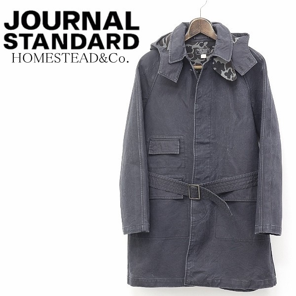 ◆JOURNAL STANDARD HOMESTEAD＆CO/ジャーナルスタンダード ヴィンテージ加工 裏地総柄 ベルト付 フーデッド ステンカラー コート L