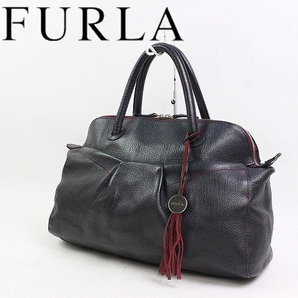 ◆FURLA/フルラ レザー フリンジ タッセルチャーム付 ハンド バッグ チャコール系