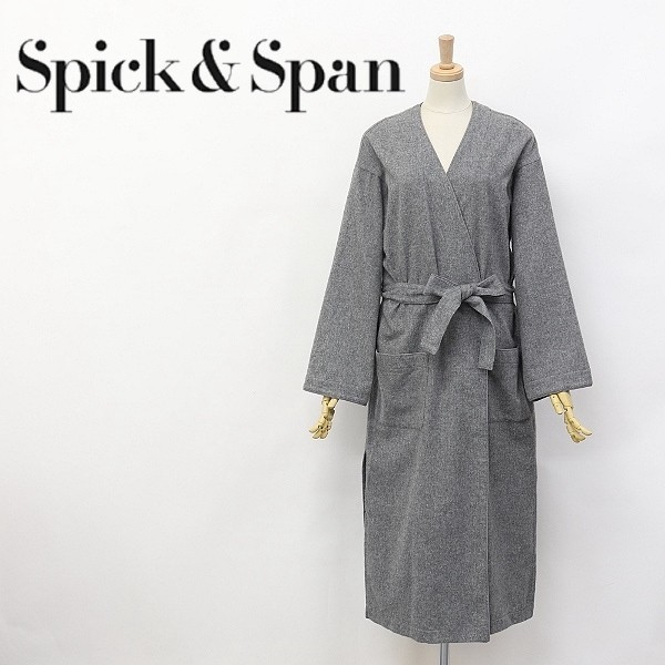 ◆Spick&Span/スピック＆スパン ウール ノーカラー リボンベルト付 ガウン コート グレー