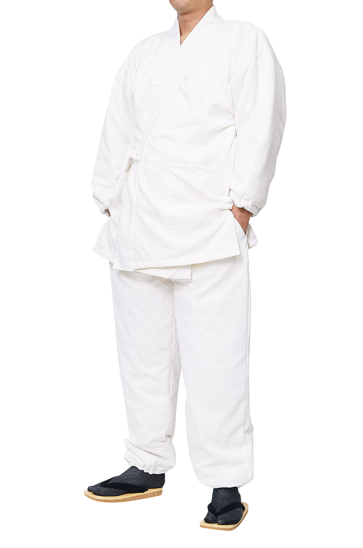 上品な 【ひめか】　作務衣 スラブニット織裏フリース作務衣　白3Ｌ 冬用 作務衣