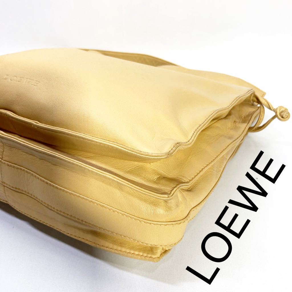 No-0130-2☆1円良品LOEWE ロエベ巾着ショルダーバック ショルダーバック しなやかレザー 斜め掛け イエロー系＠QRXXｄ _画像6