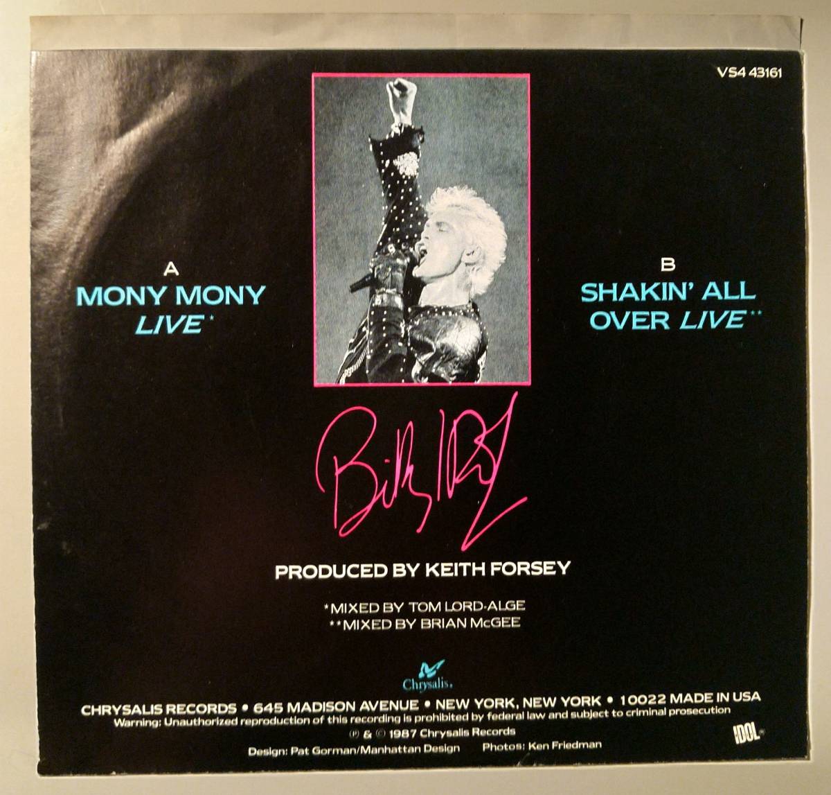 SHAKIN'ALL OVERカバー収録!BILLY IDOL/MONY MONY EP LIVE　GENERATION X PUNK ROCKABILLY ビリーアイドル　シングル　パンク　EP _画像2