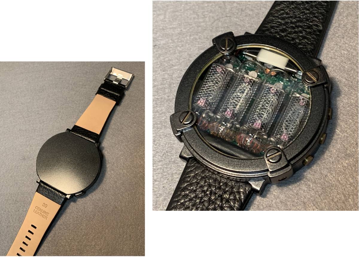 即決 ニキシー管 腕時計 IN-16 × 4管 メタリックブラック 時刻 日付 電池残量 温度 レザー 未使用 新品 ロシア 海外限定 日本未発売