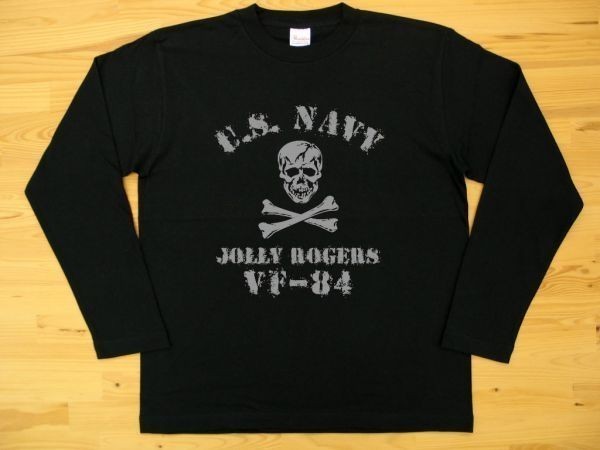 JOLLY ROGERS VF-84 黒 5.6oz 長袖Tシャツ グレー 2XL 大きいサイズ ミリタリー ジョリーロジャース スカル ドクロ U.S. NAVY_黒（グレー色プリント）