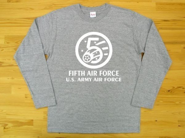 5th AIR FORCE 杢グレー 5.6oz 長袖Tシャツ 白 M ミリタリー U.S. ARMY AIR FORCE FIFTH_杢グレー（白色プリント）