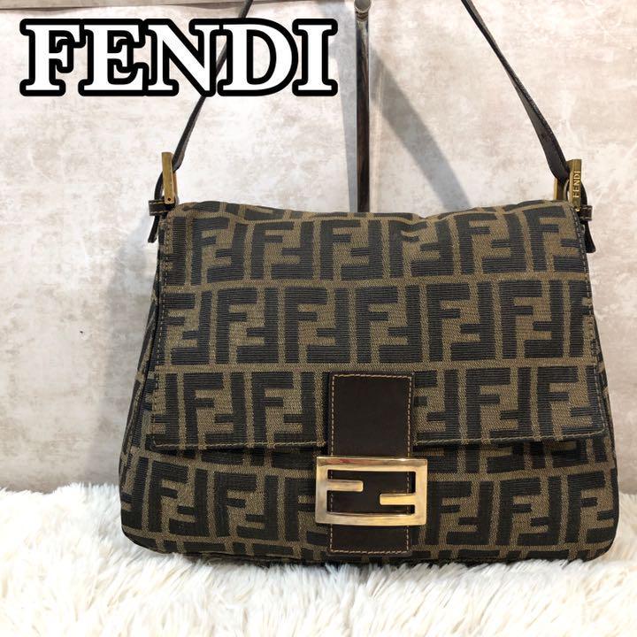 【美品】FENDI フェンディ ショルダーバッグ ワンショルダー ズッカ柄 マンマバケット ゴールド金具 キャンバス レザー ブラウン 茶色 三角