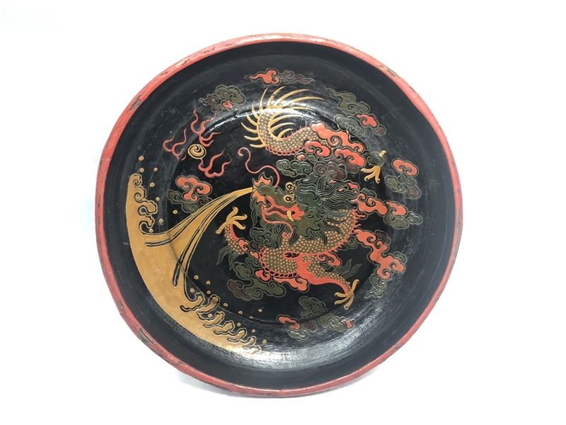 055【我楽多】 時代物 煎茶道具 煎茶盆 漆絵 雲龍 W20.5cm 漆盆 丸盆 龍図 煎茶器 茶道具 中国美術 古玩_画像1