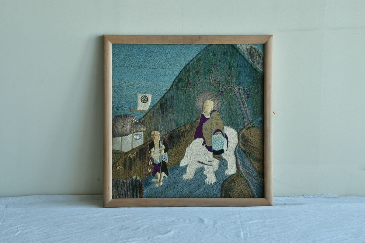 【珍品】刺繍 坊主 白象 修行僧 額縁 アンティーク 東洋宗教 禅僧 繍仏