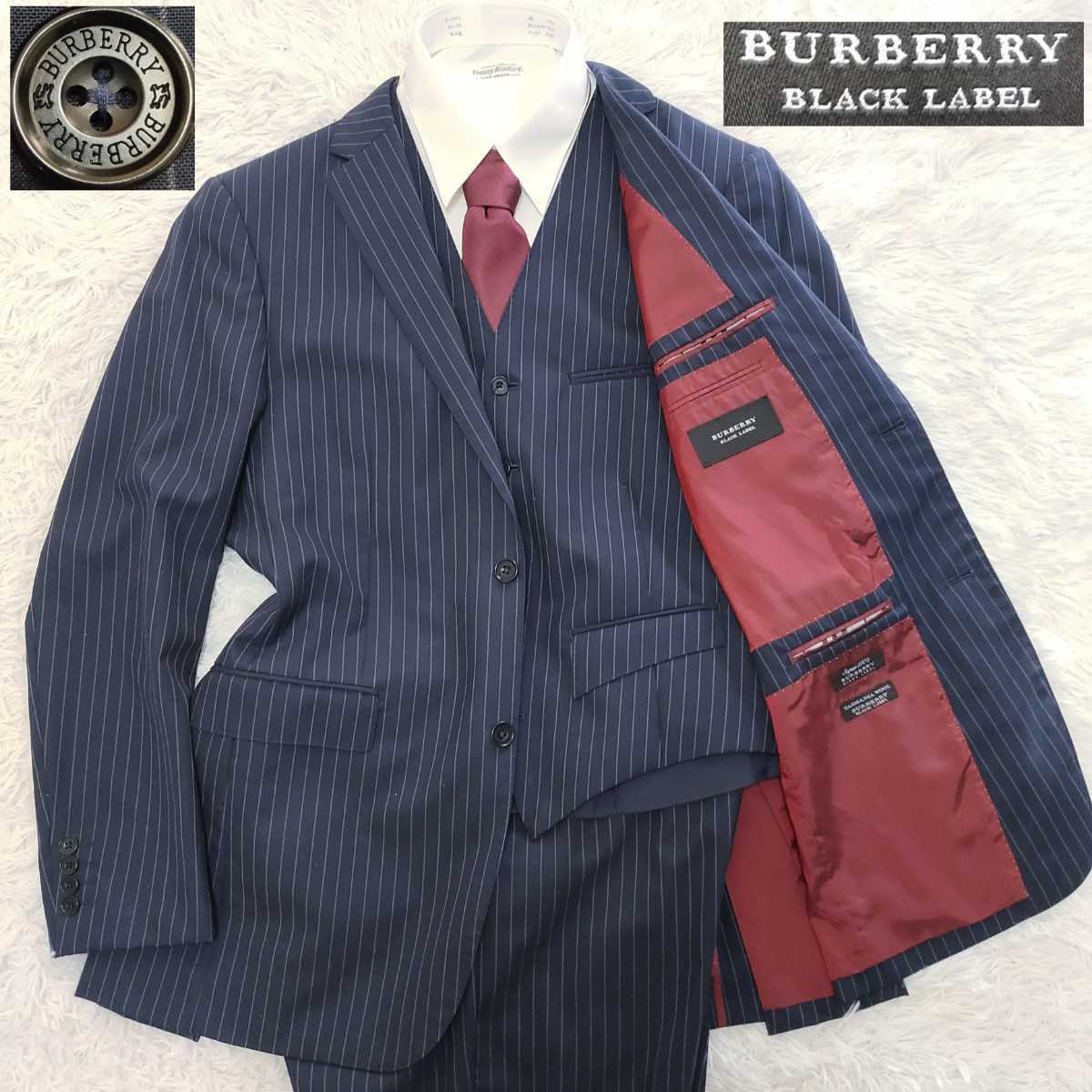 バーバリーブラックレーベル【成功者の風格】BURBERRY BLACK LABEL 3ピーススーツ セットアップ L～XL ネイビー タスマニアウール ビジネス_画像1