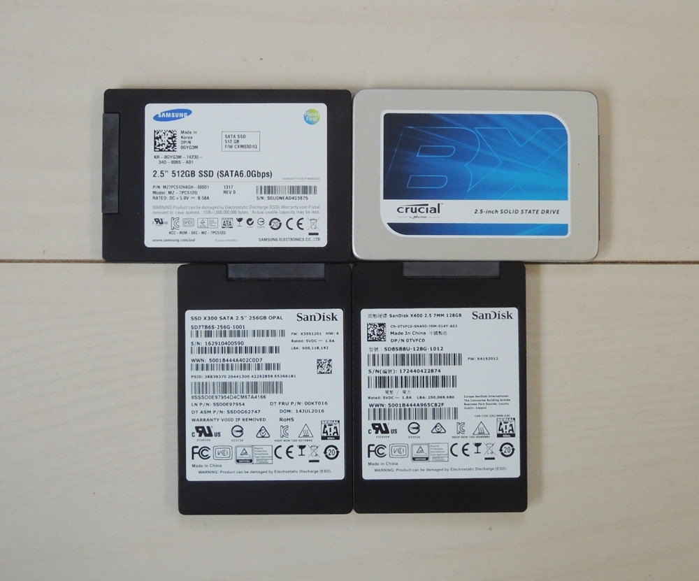 ★2.5インチ SATA SSD 4台セット USED品 フォーマット済 CDI 正常 SAMSUNG：512GB Crucial：480GB SanDisk：256GB SanDisk：128GB★