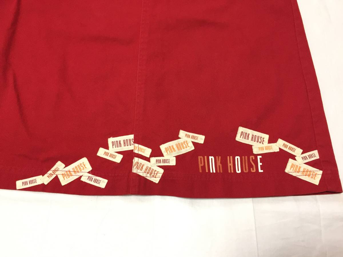 PINK HOUSE Pink House name Logo badge long skirt M red red ribbon Denim lady's bottoms silver chewing gum check 