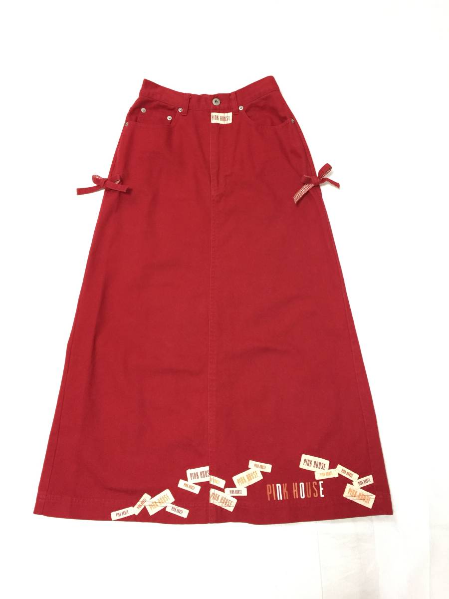 PINK HOUSE Pink House name Logo badge long skirt M red red ribbon Denim lady's bottoms silver chewing gum check 